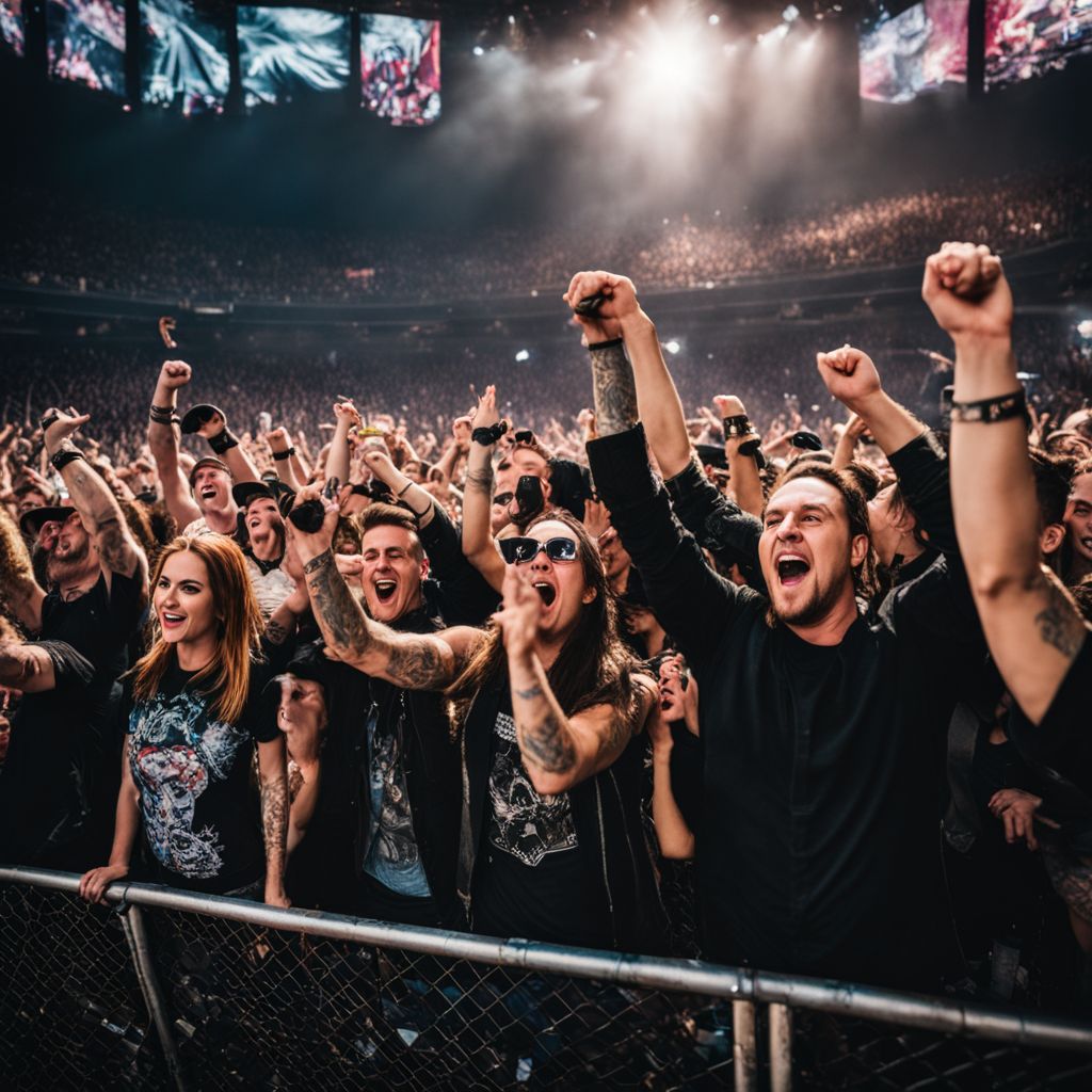 Excited fans cheering at an Avenged Sevenfold concert.