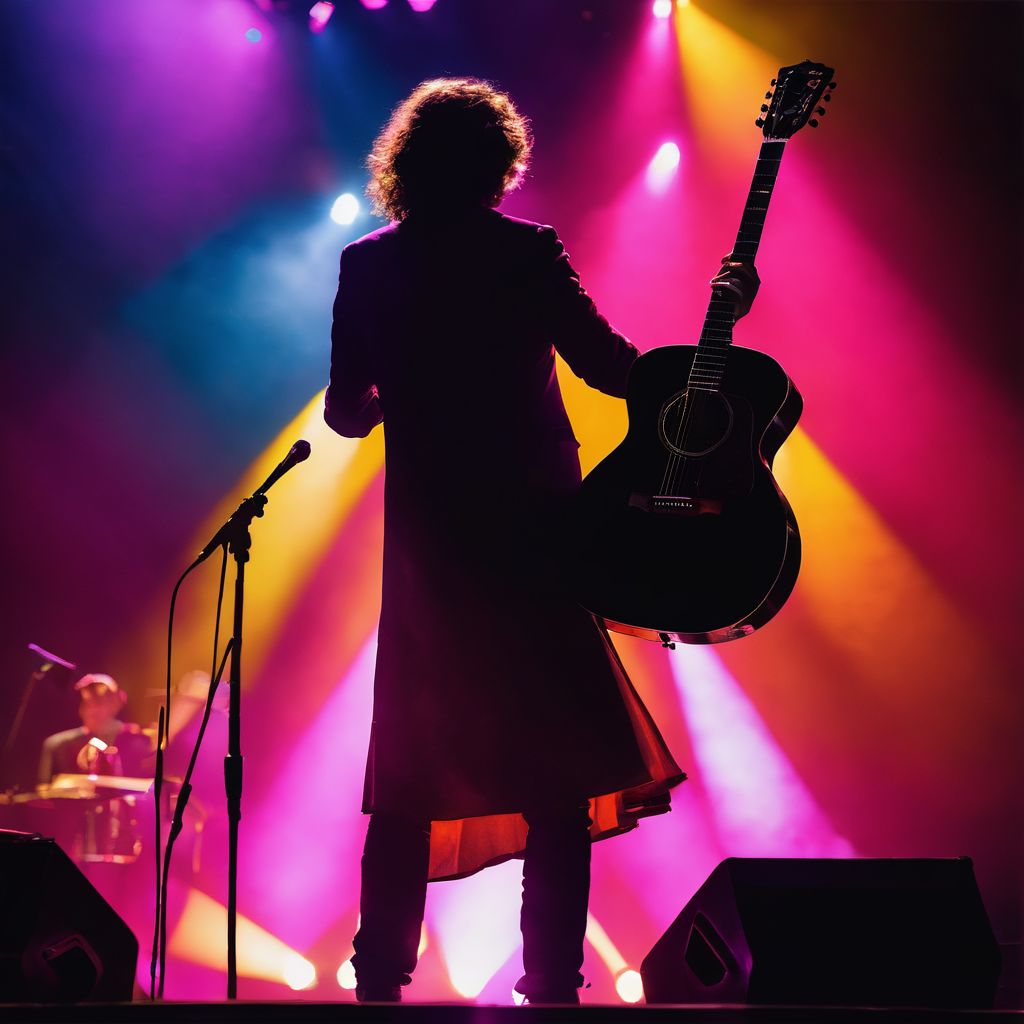 A guitar silhouette on a colorful stage backdrop at a concert.