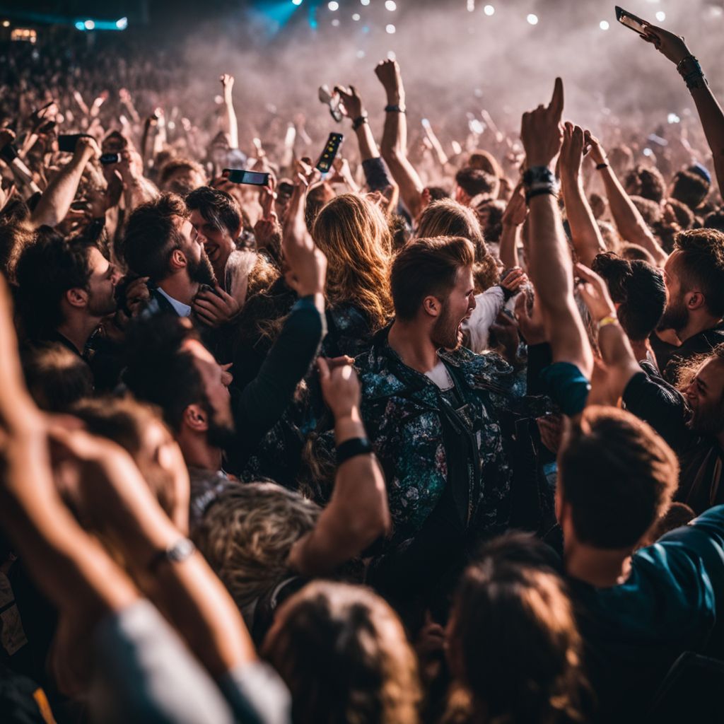 A diverse crowd cheers at a rock concert in a bustling atmosphere.