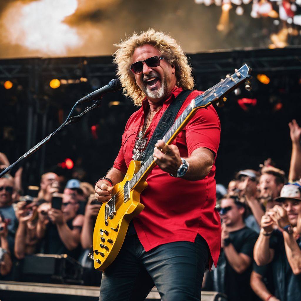Sammy Hagar performing on stage with a crowd of fans.