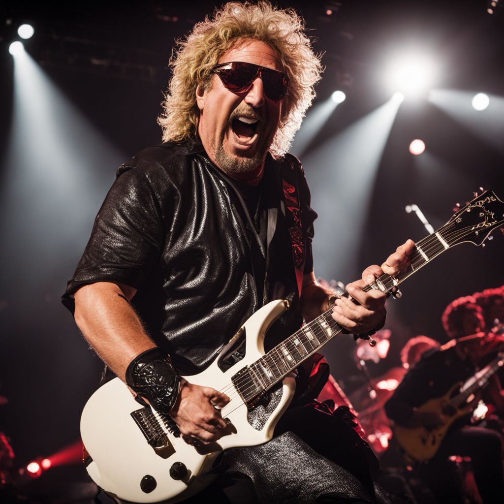 Sammy Hagar performing live on stage with a cheering crowd.