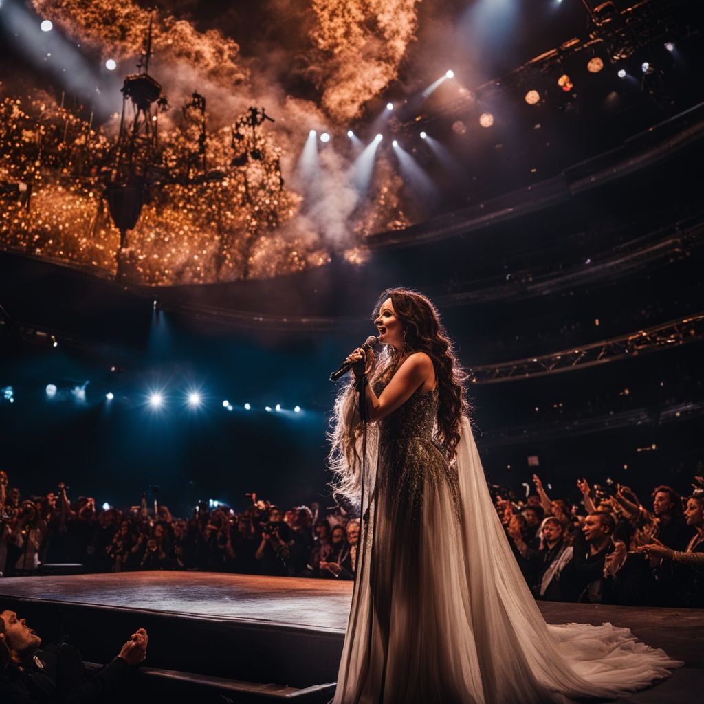 Sarah Brightman performing on a grand stage in front of mesmerized fans.