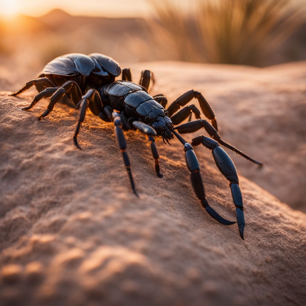 A scorpion crawls on a desert rock at sunset in wildlife photography.