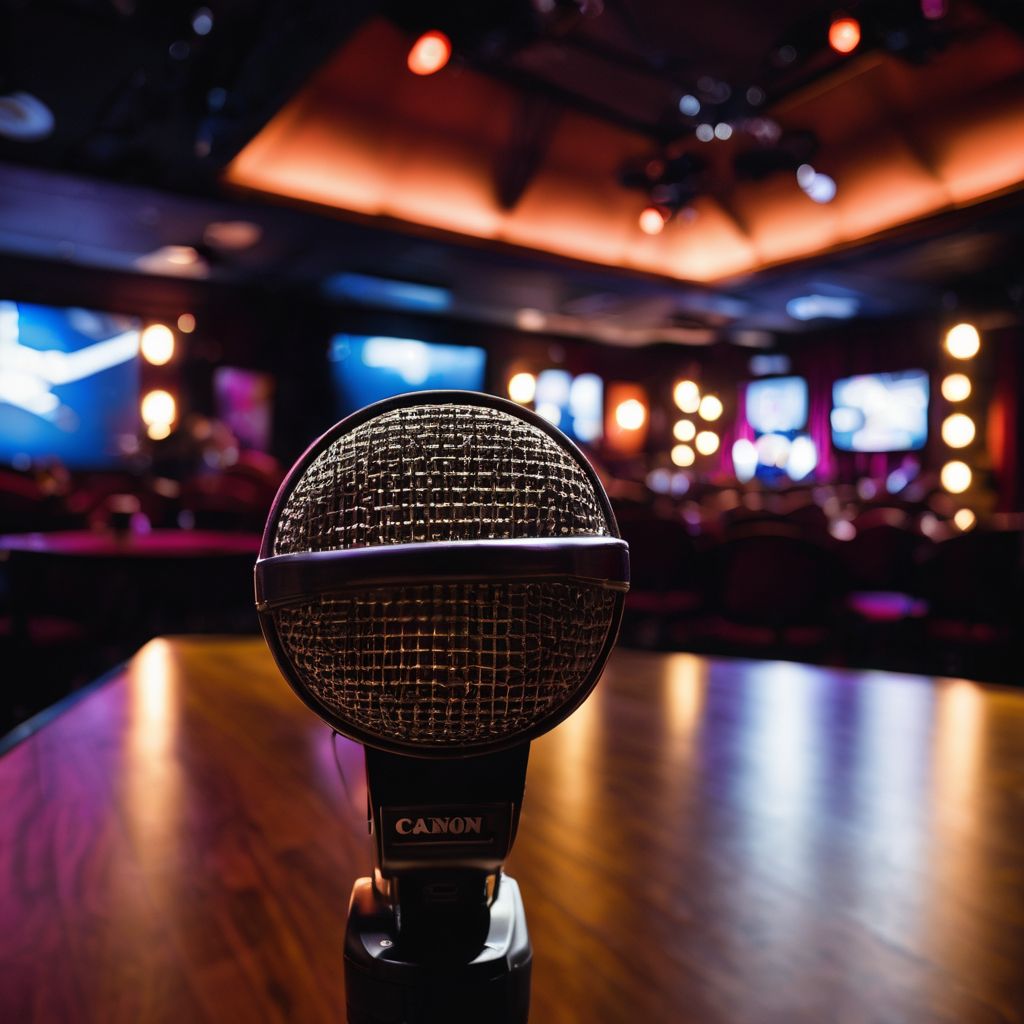 A microphone on an empty stage in a comedy club with diverse audience.