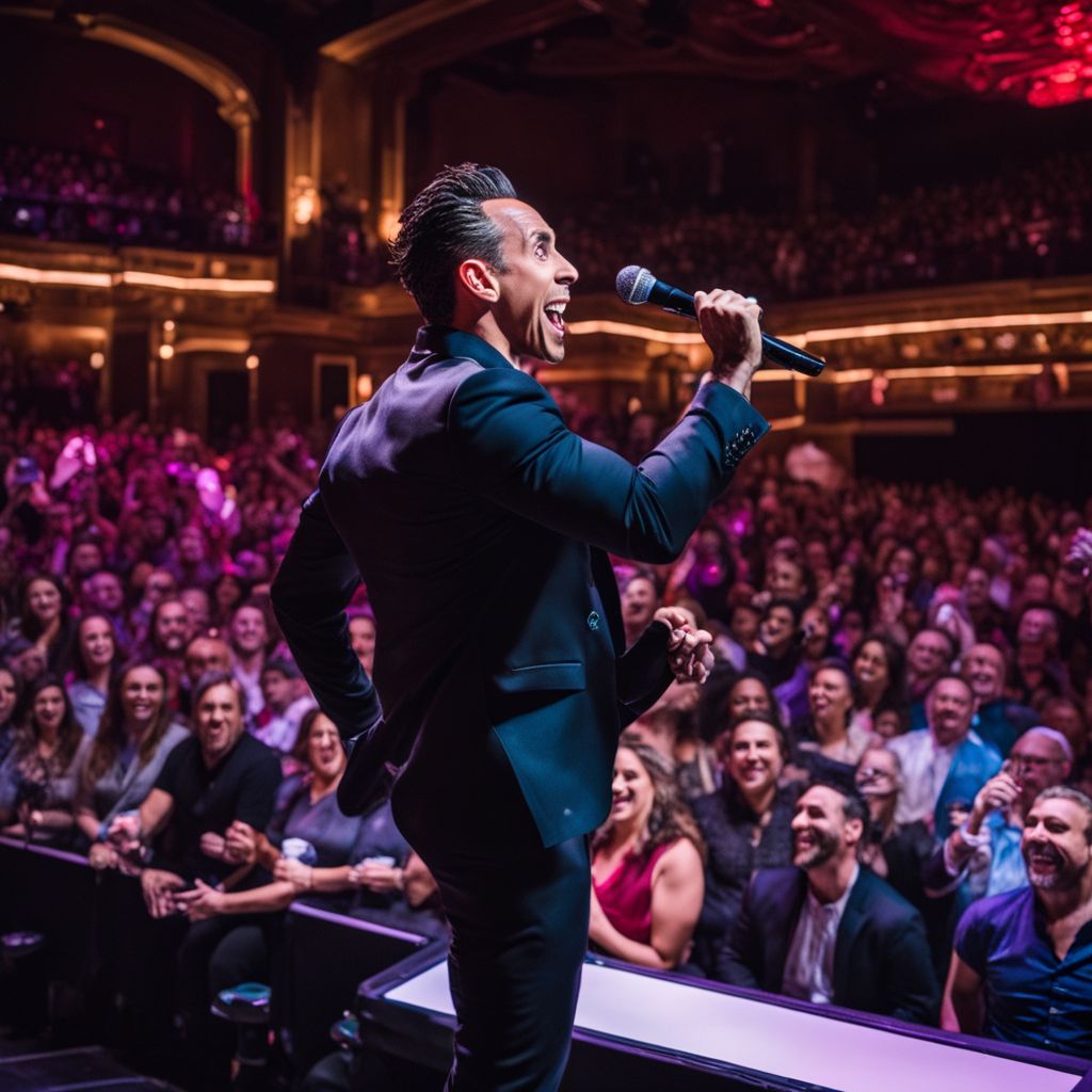 Sebastian Maniscalco performs for a lively crowd in a packed theater.