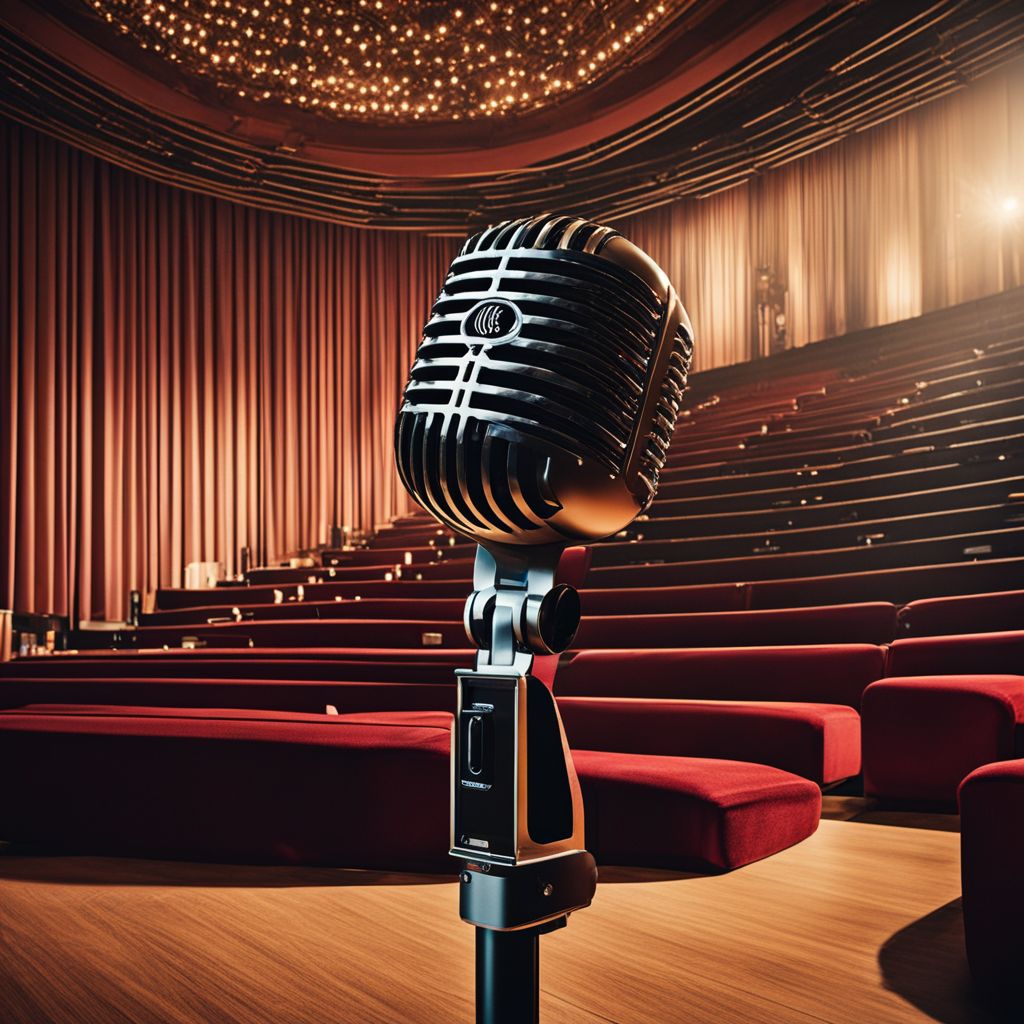 A vintage microphone on a dimly lit stage surrounded by empty seats.