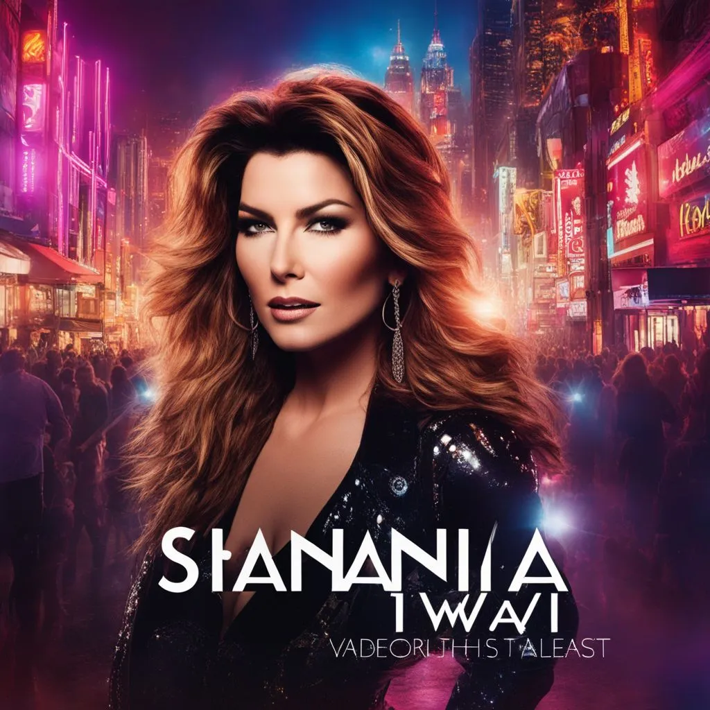 Shania Twain's latest album cover surrounded by vibrant stage lights and bustling atmosphere.