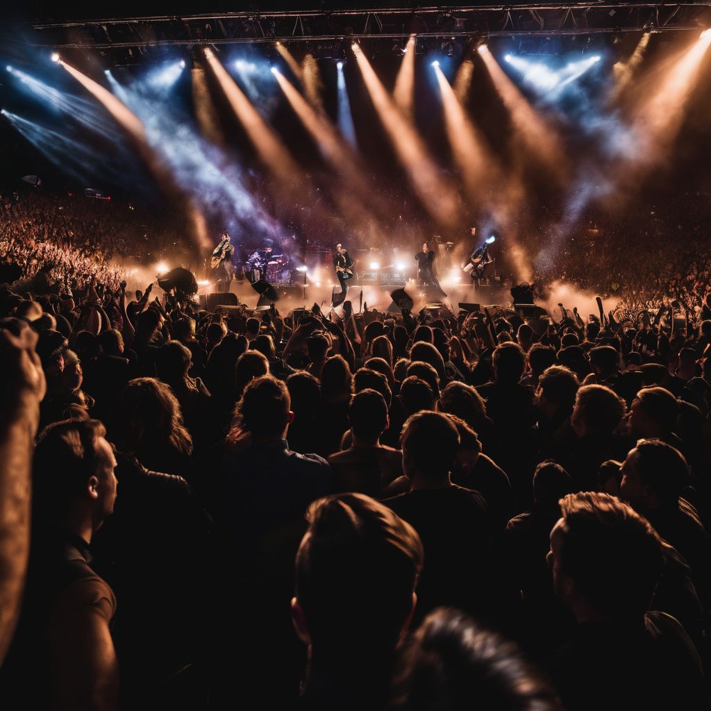 A roaring crowd at a Shinedown concert captured in a vivid photograph.