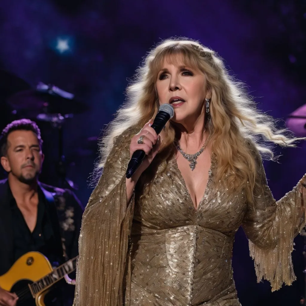 Stevie Nicks performing at outdoor amphitheater under starry night sky.