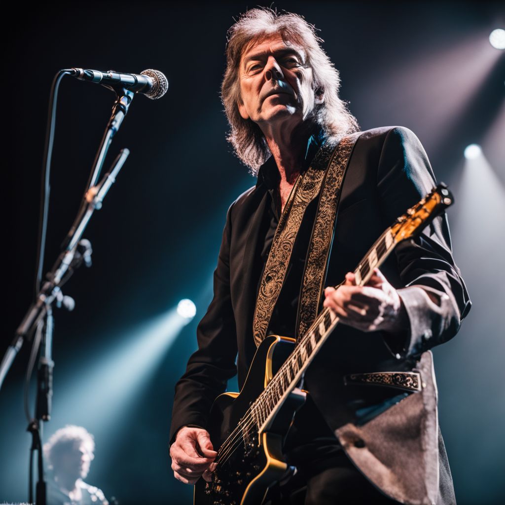 Steve Hackett performing on stage at a concert hall with a bustling atmosphere.