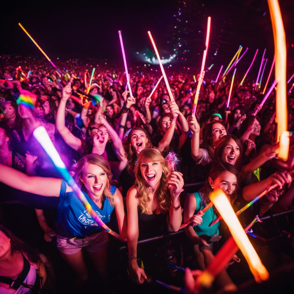 A vibrant concert crowd holding glow sticks in excitement.