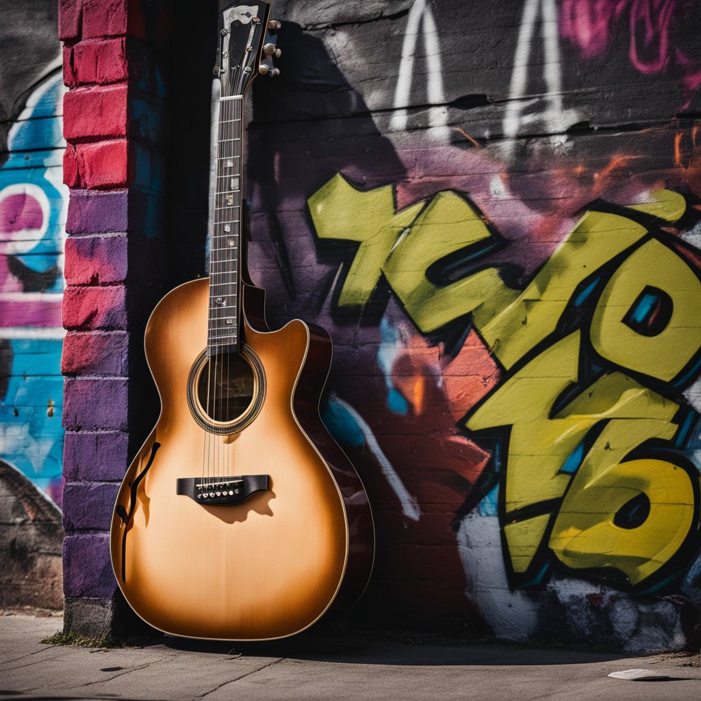 A vintage guitar leans against a graffiti-covered city wall.