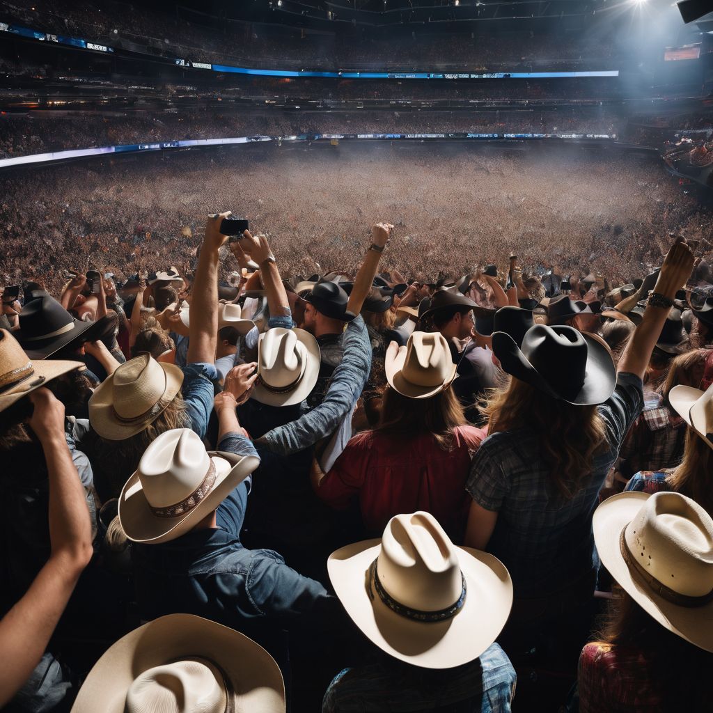 A crowd of fans singing along at a concert wearing cowboy hats.