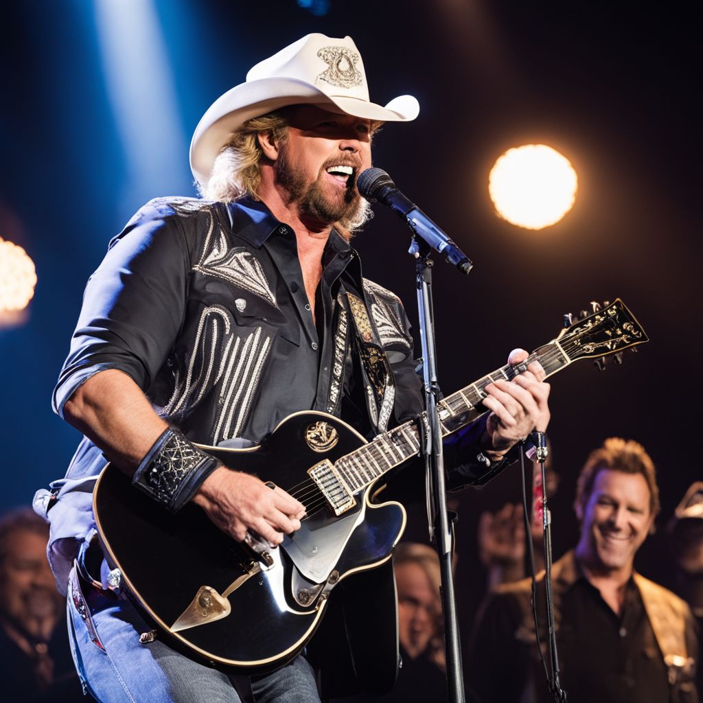 Toby Keith performing at a concert in front of a cheering crowd.