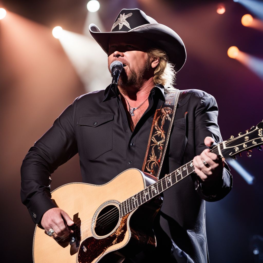 Toby Keith performing live on stage at a packed arena.