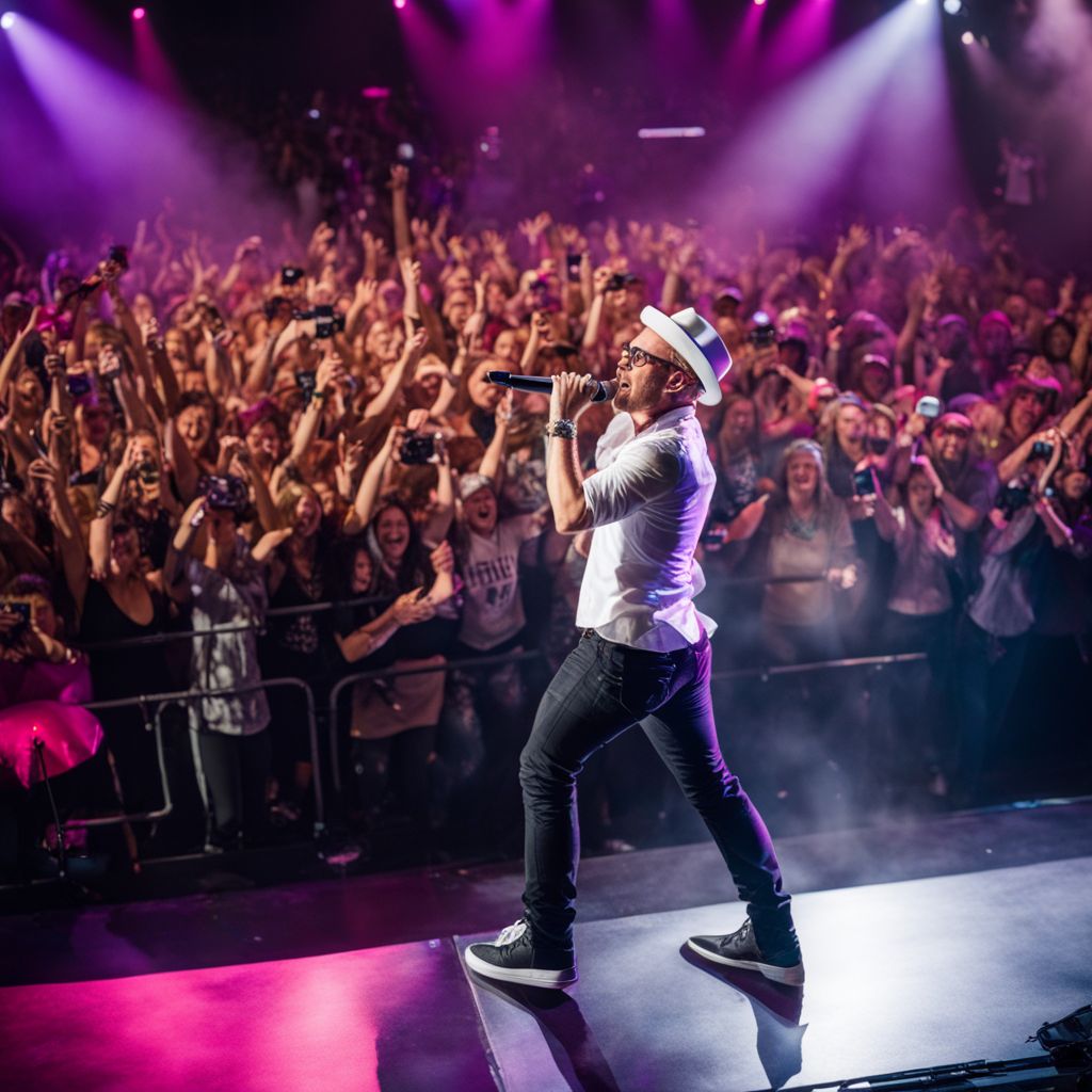 TobyMac performing in a colorful concert surrounded by cheering fans.