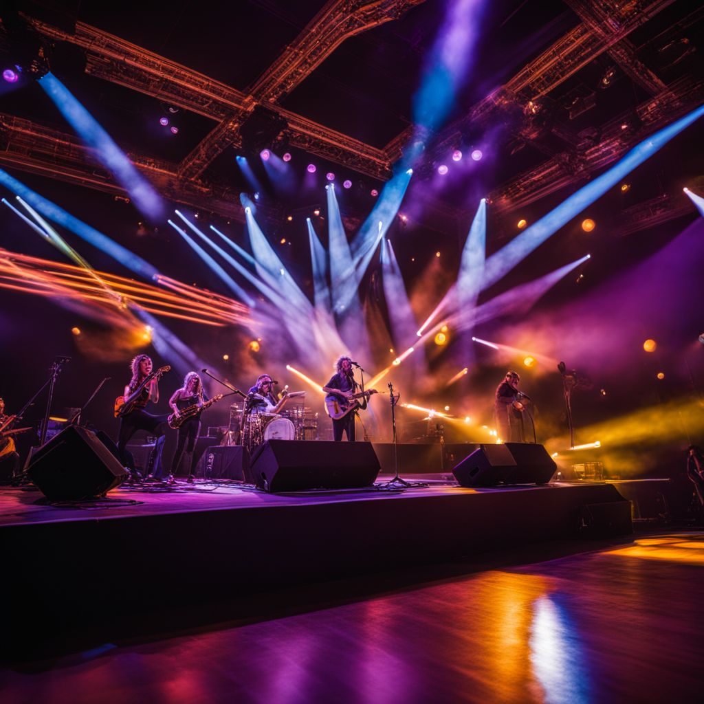 A vibrant concert stage with diverse performers and high-quality equipment.