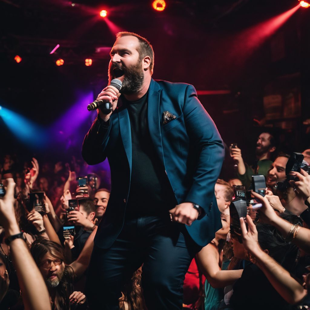 Tom Segura performing stand-up comedy in front of a lively crowd.