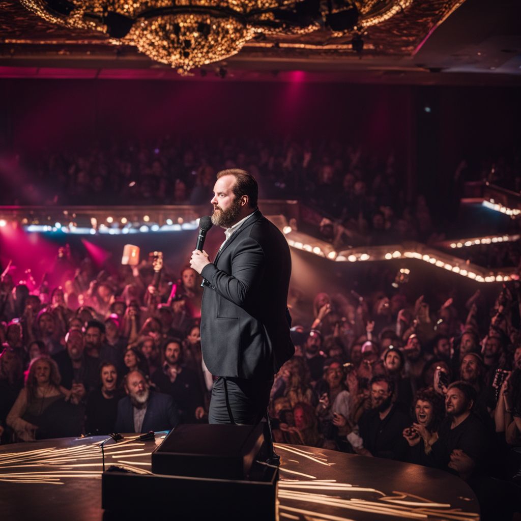 A photo of Tom Segura performing stand-up comedy in a packed theater.