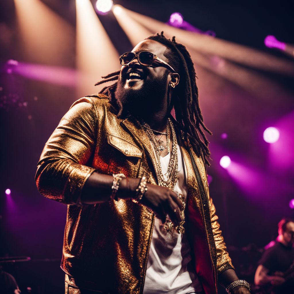 T-Pain performing on stage with enthusiastic crowd at concert.