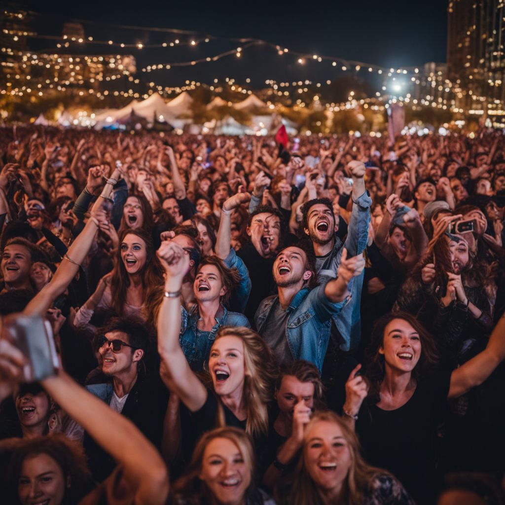 A crowd of enthusiastic fans cheering at an outdoor concert.