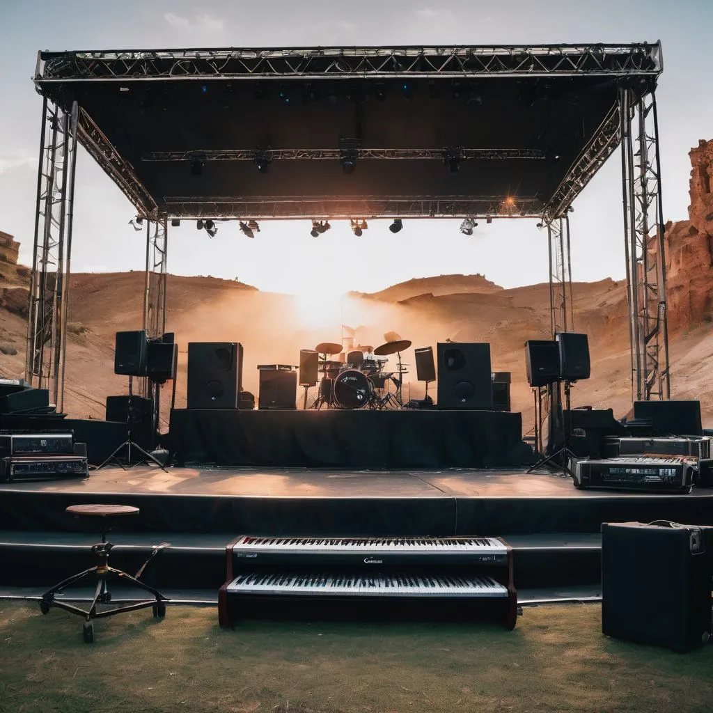 An abandoned stage with concert equipment in a bustling city.