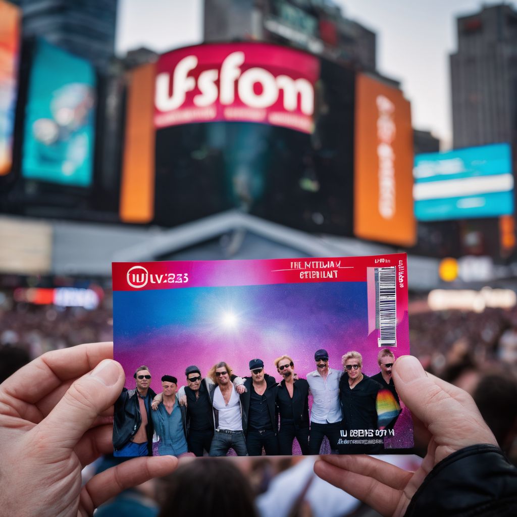A group of diverse fans holding U2 concert tickets in front of a vibrant billboard.