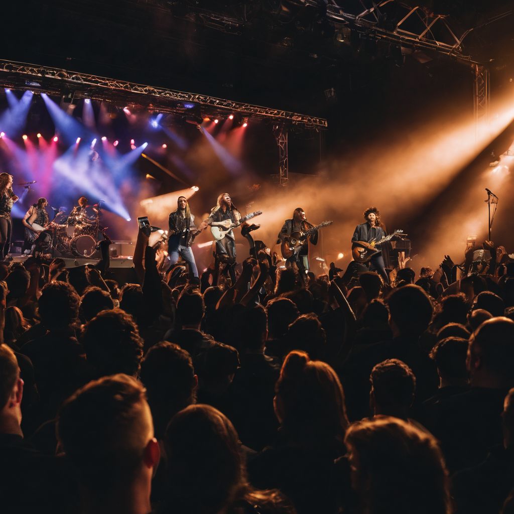 A band performing on a crowded concert stage with vibrant energy.