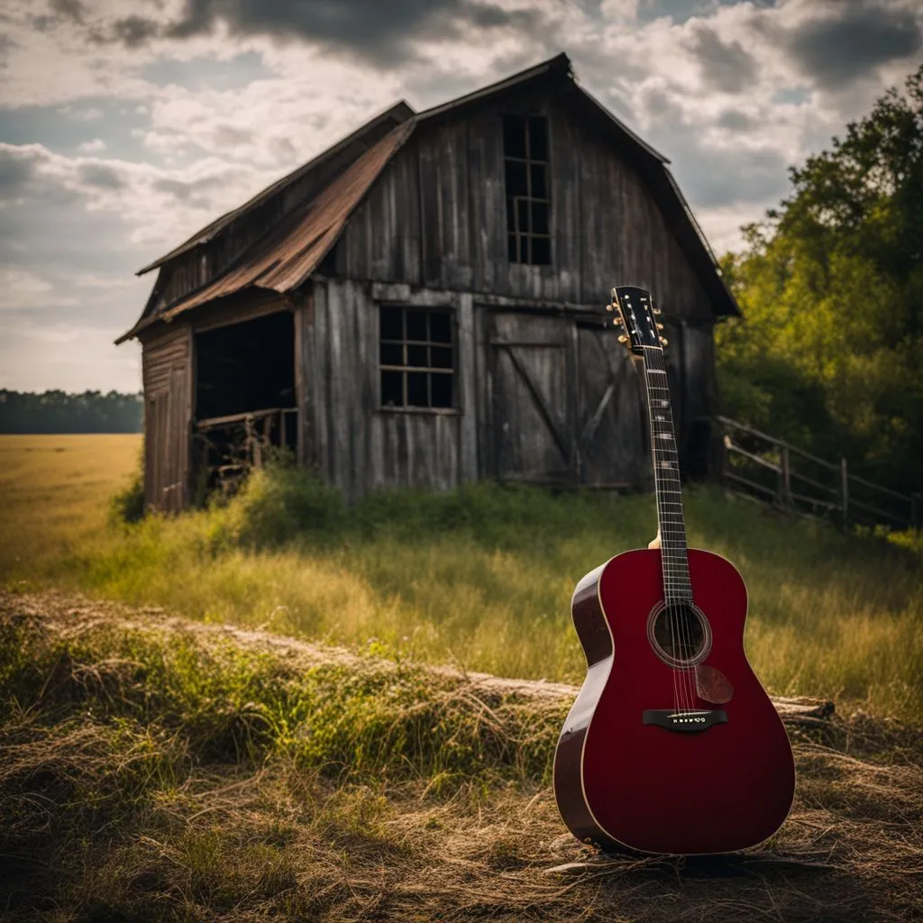 Lainey Wilson's guitar leans against a weathered barn in Louisiana.