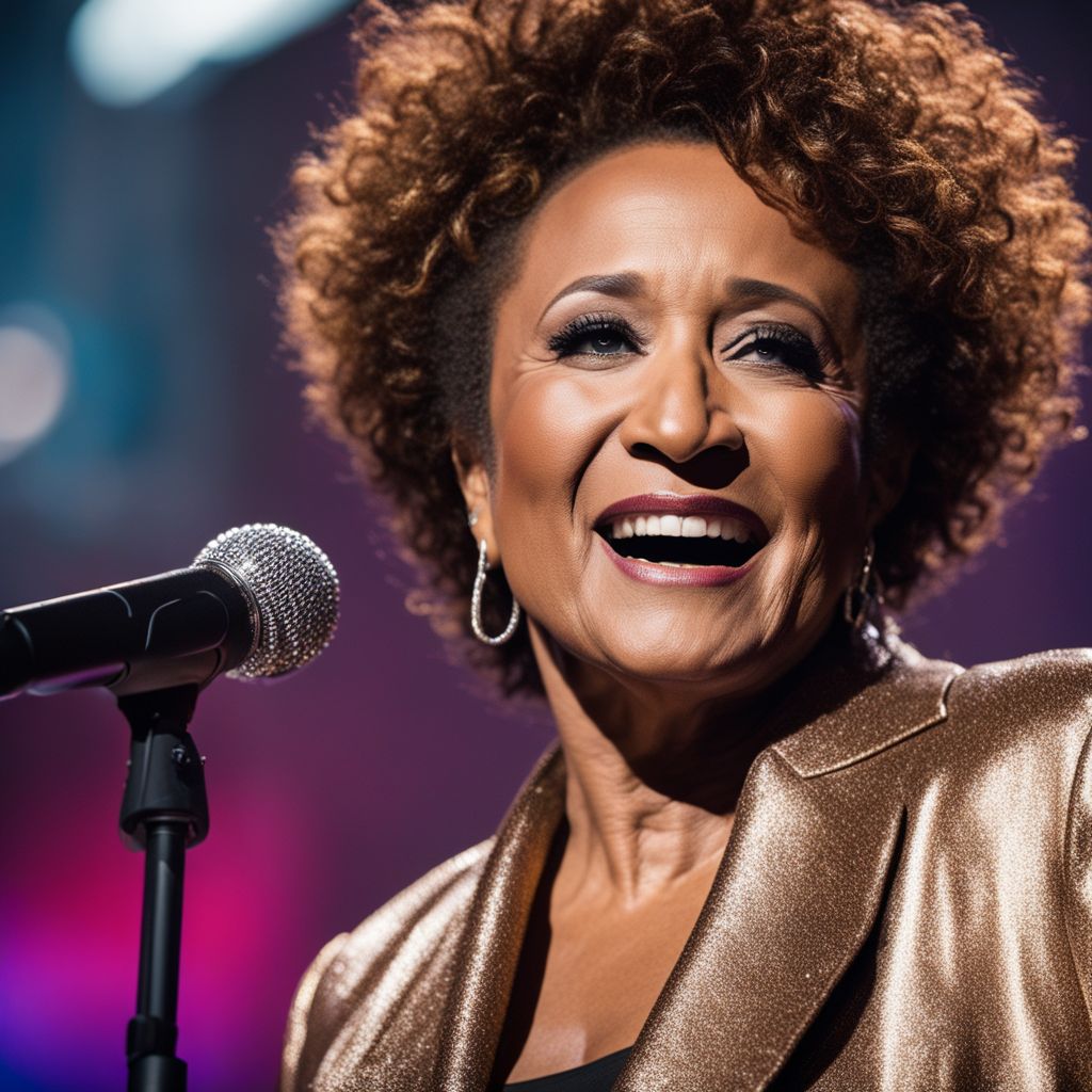 Wanda Sykes performing live on stage in front of a packed auditorium.