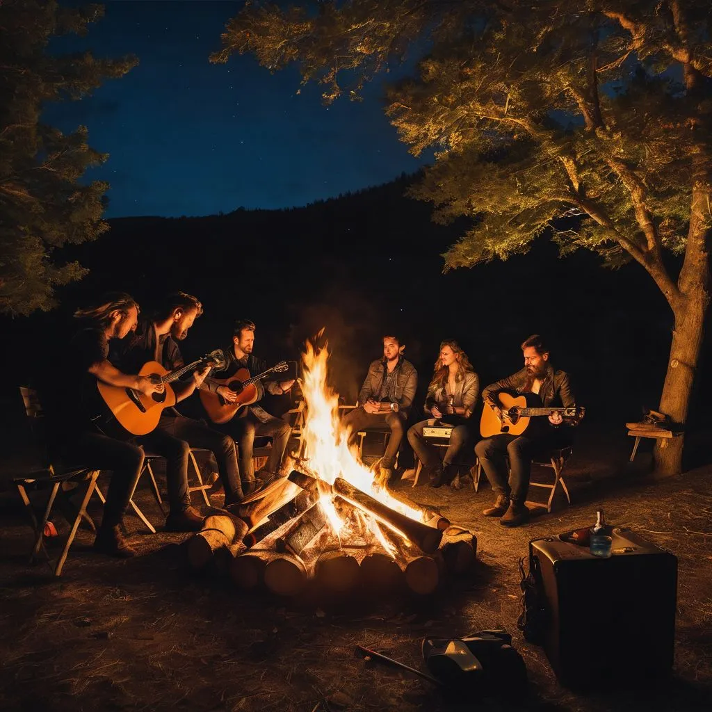 A bonfire surrounded by guitars and musical instruments in a nighttime setting.