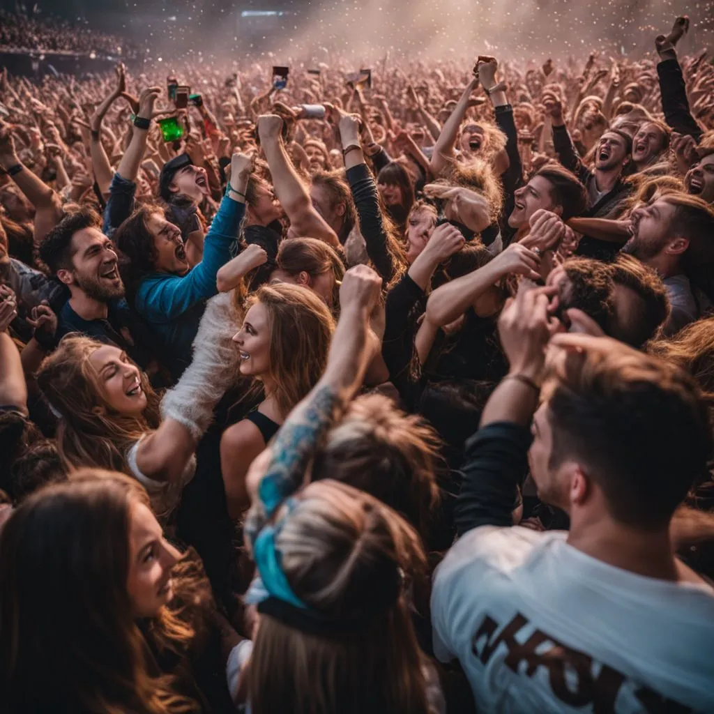 A lively crowd at a packed concert venue, captured in high definition.