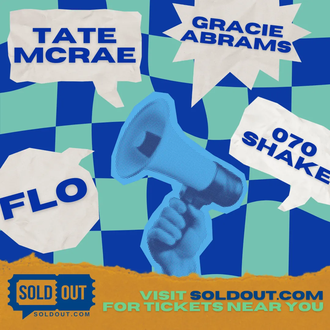 SoldOut.com teal and blue checkerboard with a blowhorn image surrounded by artists' names and a call-to-action to visit SoldOut.com