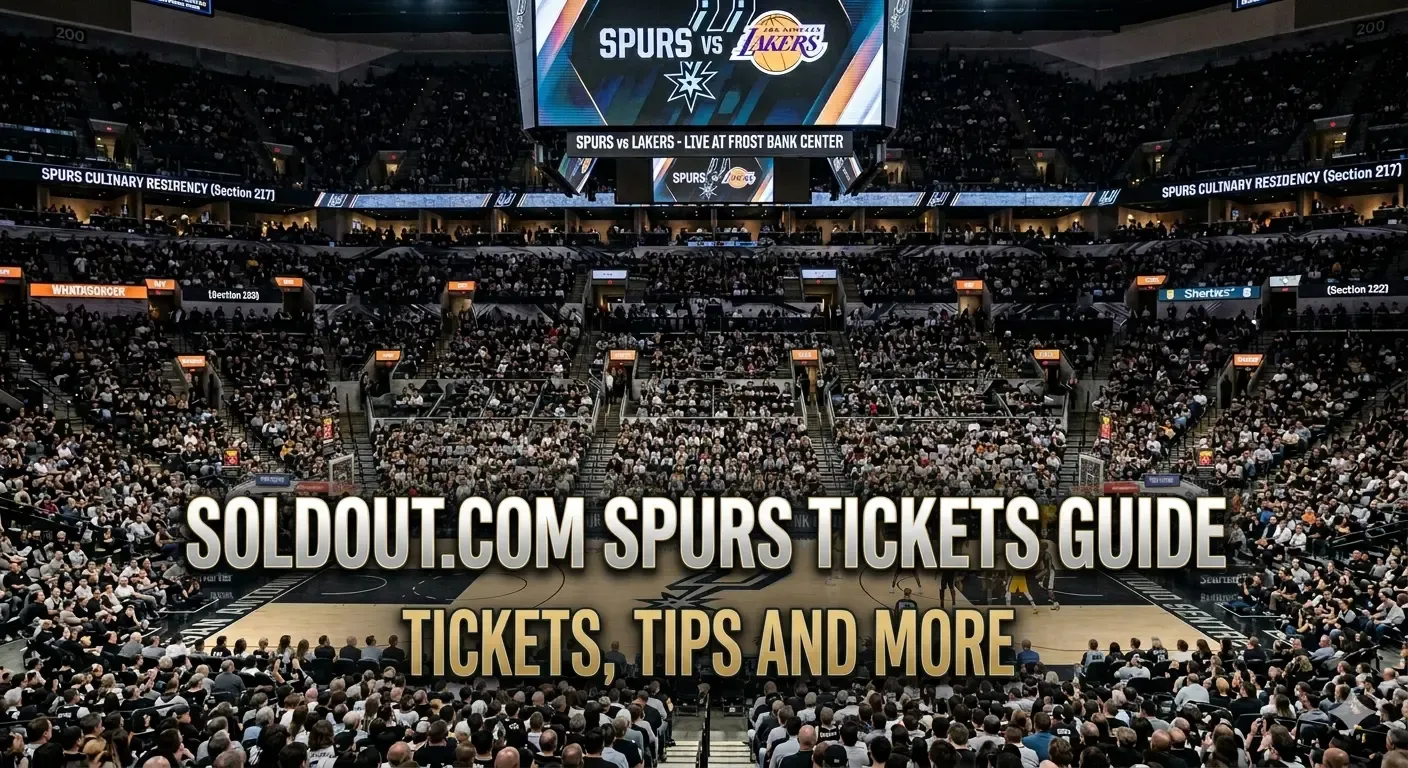 San Antonio Spurs Ticket Guide banner showing a wide view of Frost Bank Center during a game, with the text 'SOLDOUT.COM SPURS TICKETS GUIDE' and 'TICKETS, TIPS AND MORE' overlaid in metallic font.
